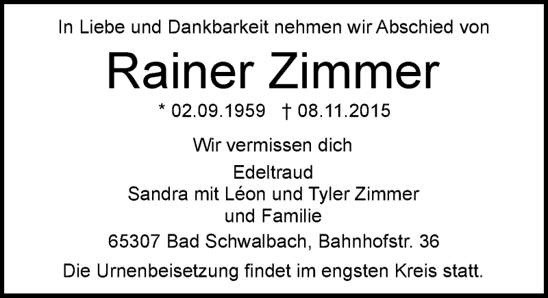  Traueranzeige für Rainer Zimmer vom 14.11.2015 aus  WK-UTA/Aar-Bote