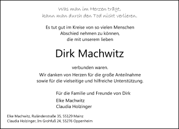 Traueranzeige von Dirk Machwitz von  Allgemeine Zeitung Mainz