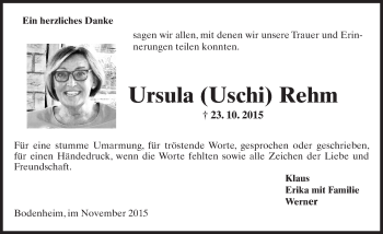 Traueranzeige von Ursula Rehm von  Allgemeine Zeitung Mainz
