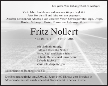 Traueranzeige von Fritz Nollert von  Allgemeine Zeitung Mainz