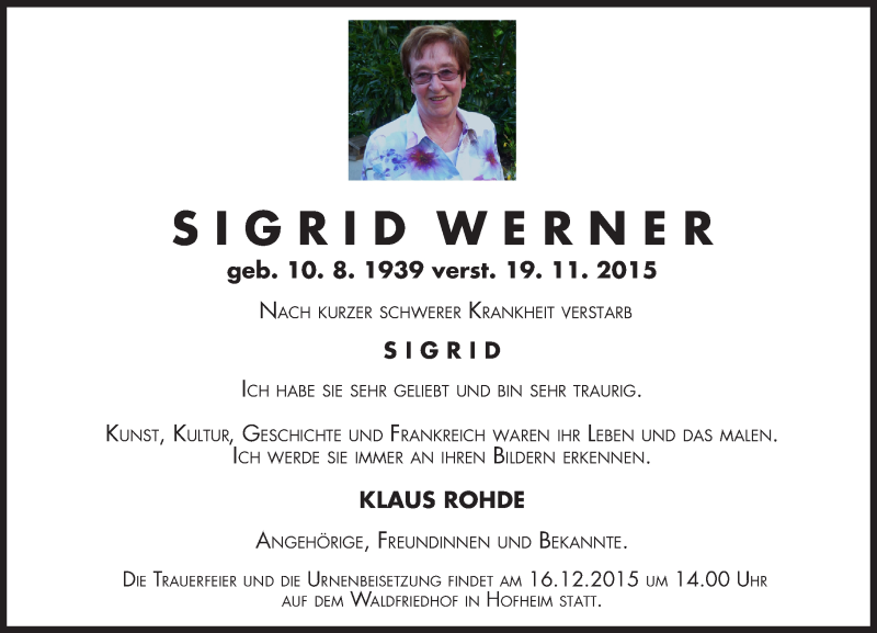  Traueranzeige für Sigrid Werner vom 11.12.2015 aus  Hofheimer Zeitung