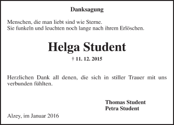 Traueranzeige von Helga Student von  Allgemeine Zeitung Alzey