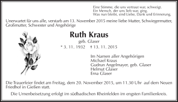Traueranzeige von Ruth Kraus von  Gießener Anzeiger