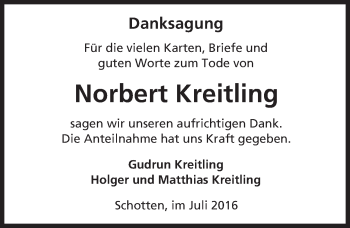 Traueranzeige von Norbert Kreitling von  Sonntags Anzeiger