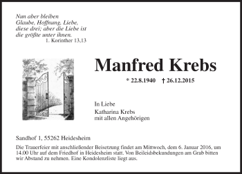 Traueranzeige von Manfred Krebs von  Allgemeine Zeitung Mainz