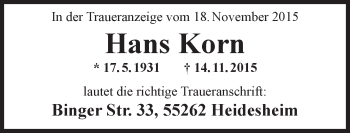 Traueranzeige von Hans Korn von  Allgemeine  Zeitung Ingelheim-Bingen