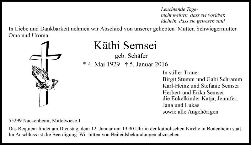 Traueranzeige für Käthi Semsei vom 09.01.2016 aus  Allgemeine Zeitung Mainz