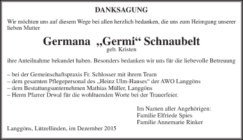 Traueranzeige von Germana Schnaubelt von  Gießener Anzeiger