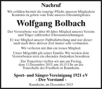 Traueranzeige von Wolfgang Bolbach von  Mainspitze