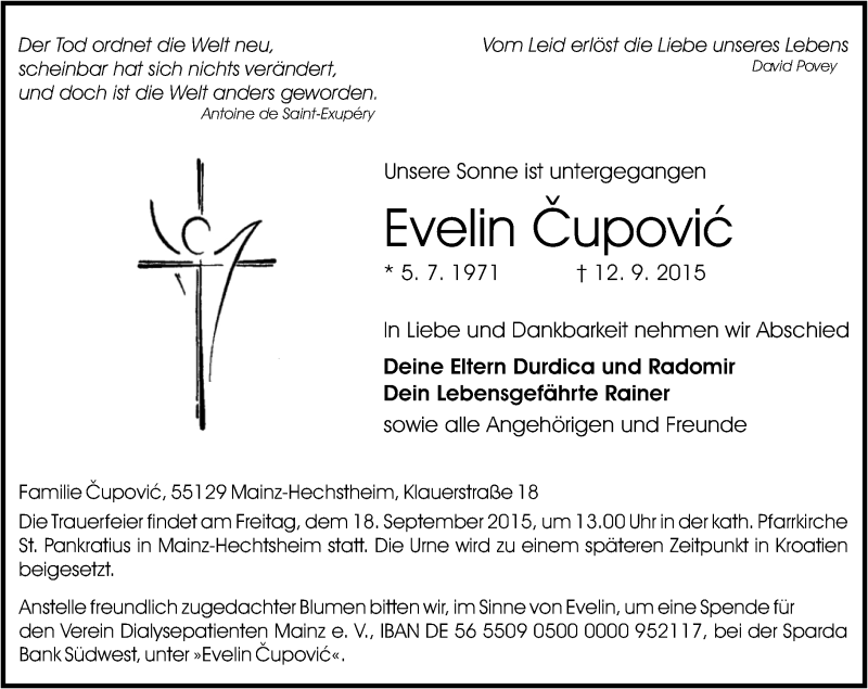  Traueranzeige für Evelin Cupovic vom 15.09.2015 aus  Mainz