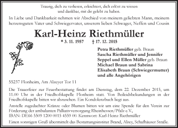 Traueranzeige von Karl-Heinz Riethmüller von  Allgemeine Zeitung Mainz