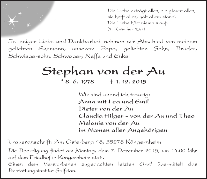  Traueranzeige für Stephan von der Au vom 04.12.2015 aus  Allgemeine Zeitung Mainz
