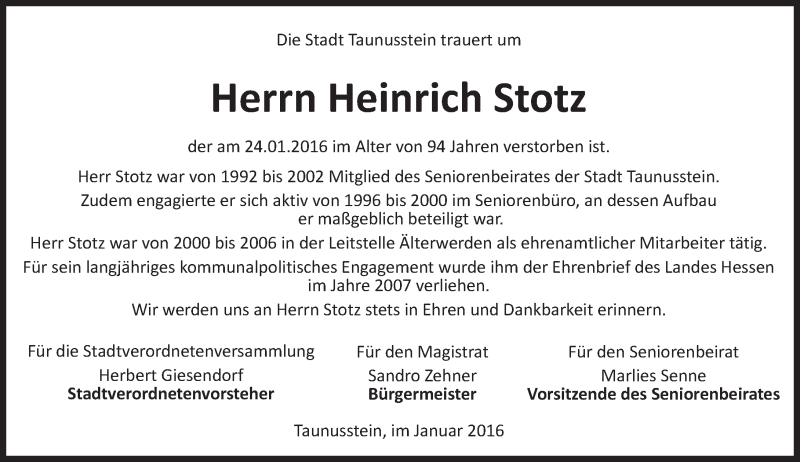  Traueranzeige für Heinrich Stotz vom 30.01.2016 aus  WK-UTA/Aar-Bote