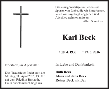 Traueranzeige von Karl Beck von  Bürstädter Zeitung