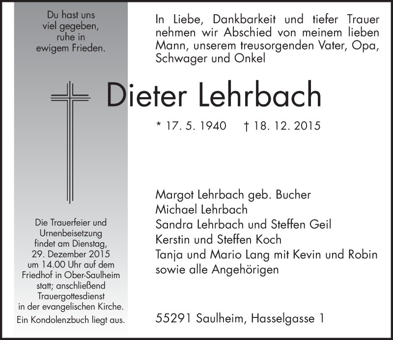  Traueranzeige für Dieter Lehrbach vom 22.12.2015 aus  Allgemeine Zeitung Alzey