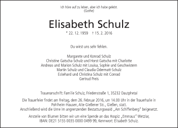 Traueranzeige von Elisabeth Schulz von  Gießener Anzeiger