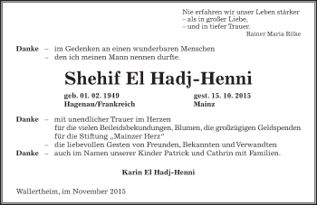 Traueranzeige von Shehif El Hadj-Henni von  Allg. Zeitung Bad Kreuznach