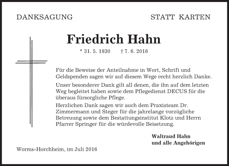  Traueranzeige für Friedrich Hahn vom 09.07.2016 aus Trauerportal Rhein Main Presse