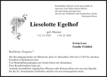 Traueranzeige von Lieselotte Egelhof von  Wormser Zeitung