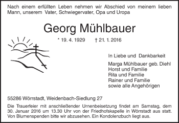 Traueranzeige von Georg Mühlbauer von  Allgemeine Zeitung Alzey