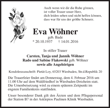 Traueranzeige von Eva Wöhner von  Wiesbaden komplett