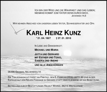 Traueranzeige von Karl Heinz Kunz von  Gießener Anzeiger
