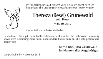 Traueranzeige von Thereza  Grünewald von  Bürstädter Zeitung