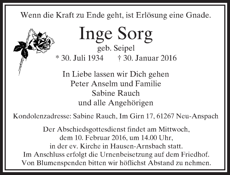  Traueranzeige für Inge Sorg vom 06.02.2016 aus  Usinger Anzeiger