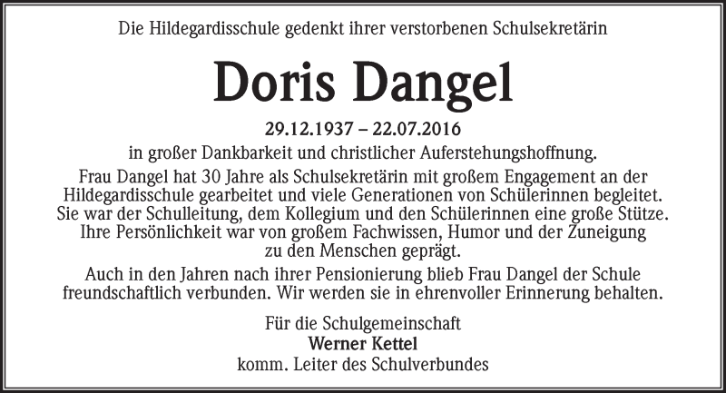  Traueranzeige für Doris Dangel vom 27.07.2016 aus Trauerportal Rhein Main Presse