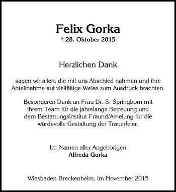 Traueranzeige von Felix Gorka von  Wiesbaden komplett