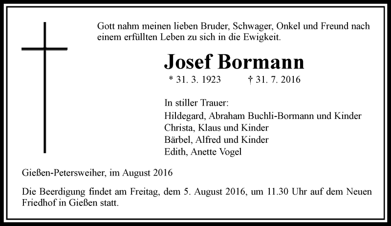  Traueranzeige für Josef Bormann vom 03.08.2016 aus  Gießener Anzeiger