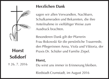 Traueranzeige von Horst Soßdorf von Trauerportal Echo Online