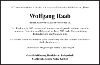 Traueranzeige von Wolfgang Raab von Trauerportal Rhein Main Presse