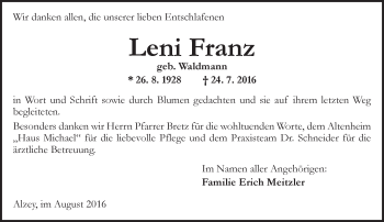 Traueranzeige von Leni Franz von Trauerportal Rhein Main Presse