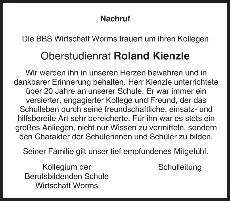  Traueranzeige für Roland Kienzle vom 20.08.2016 aus Trauerportal Rhein Main Presse