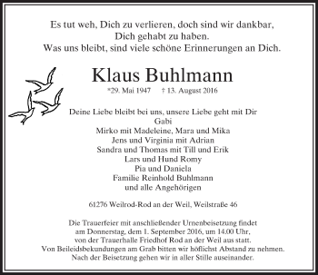 Traueranzeige von Klaus Buhlmann von  Usinger Anzeiger