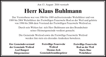 Traueranzeige von Klaus Buhlmann von  Usinger Anzeiger