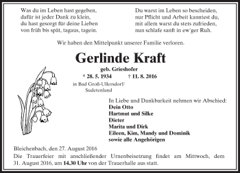 Traueranzeige von Gerlinde Kraft von  Kreisanzeiger