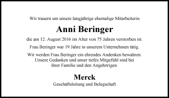 Traueranzeige von Anni Beringer von Trauerportal Echo Online
