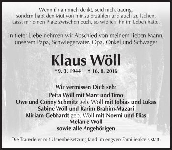 Traueranzeige von Klaus Wöll von Trauerportal Rhein Main Presse