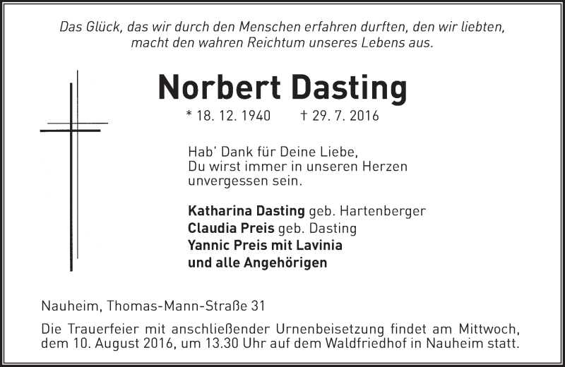  Traueranzeige für Norbert Dasting vom 06.08.2016 aus Trauerportal Rhein Main Presse