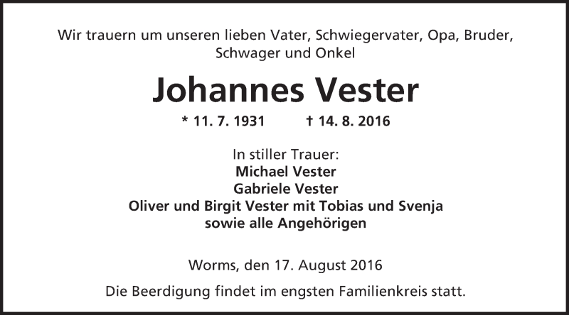  Traueranzeige für Johannes Vester vom 17.08.2016 aus Trauerportal Rhein Main Presse