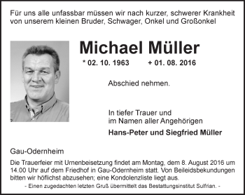 Traueranzeige von Michael Müller von Trauerportal Rhein Main Presse