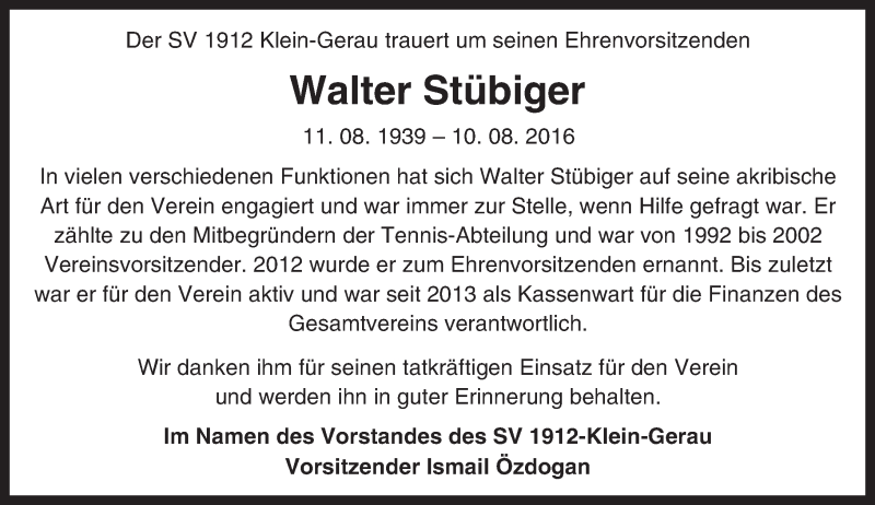  Traueranzeige für Walter Stübiger vom 25.08.2016 aus Trauerportal Echo Online
