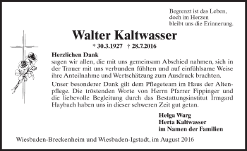 Traueranzeige von Walter Kaltwasser von Trauerportal Rhein Main Presse