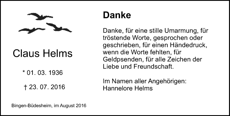  Traueranzeige für Claus Helms vom 06.08.2016 aus Trauerportal Rhein Main Presse