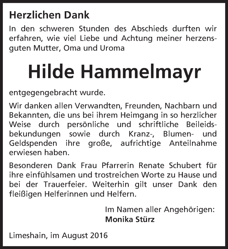  Traueranzeige für Hilde Hammelmayr vom 20.08.2016 aus  Kreisanzeiger