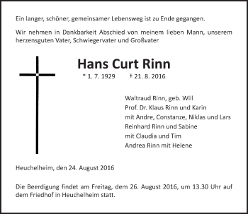 Traueranzeige von Hans Curt Rinn von  Gießener Anzeiger