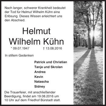 Traueranzeige von Helmut Wilhelm Kühn von Trauerportal Echo Online
