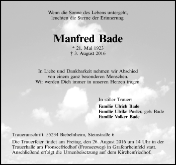 Traueranzeige von Manfred Bade von Trauerportal Rhein Main Presse